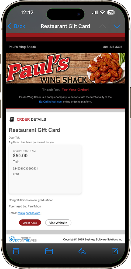 Receipt for digital gift cards on EatOnTheWeb
