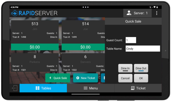 RapidServer Create New Table Screen