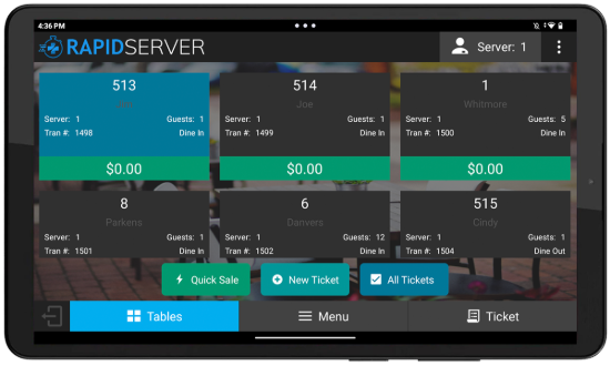 RapidServer Select Table Screen