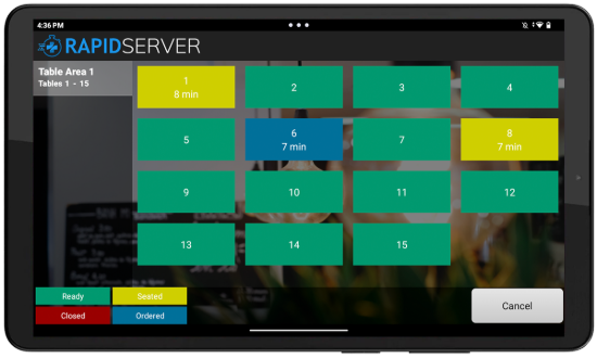RapidServer Table Areas Screen