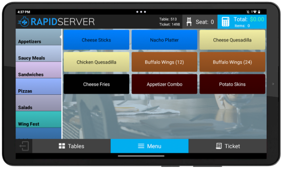 RapidServer Menu Item Sales Screen